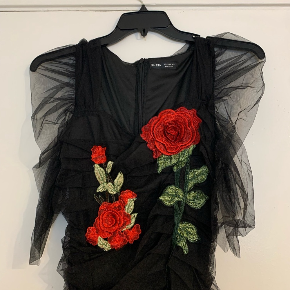 SHEIN Black Mesh Mini Dress with Red Rose Appliqués